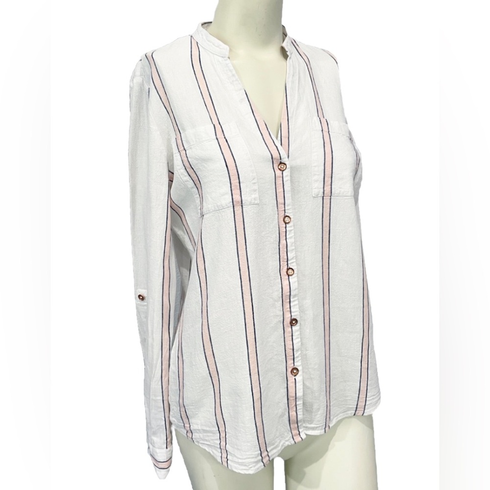GUESS Women’s Striped Linen Button Down Shirt XS White Pink Roll Tab V-Neck